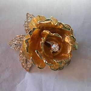 Vintage Rose Brooch Two Tone Gold And Silver Clear Rhinestones